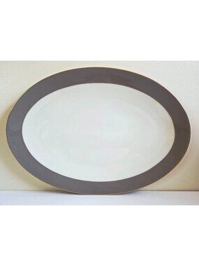 Vtg Lenox Trenton Oval Serving Platter MCM Gray Band Gold Rim 16" Party Tray